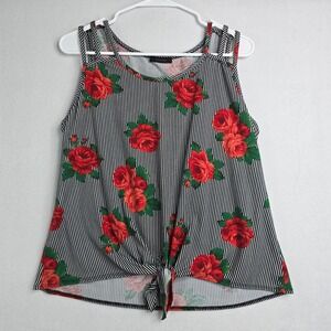 First Love Black White Stripe Rose Print Knot Front Tank Top Plus SZ XL boho Y2K